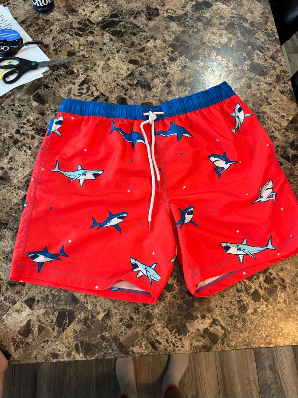 Men’s Red Shark Print Swim Shorts with Blue Waistband